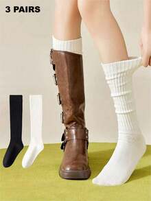 4/3/2/1 Pairs Women's Autumn/Winter Sweet Cool Girl Style Slouch Socks, Long Tube Socks, Solid Black/White Basic Style, Suitable For Tall Boots/Shoes, Create Lazy Atmosphere, Essential Streetwear Item, Socks Women, Fall, Winter, Stockings - Multicolor - View 9