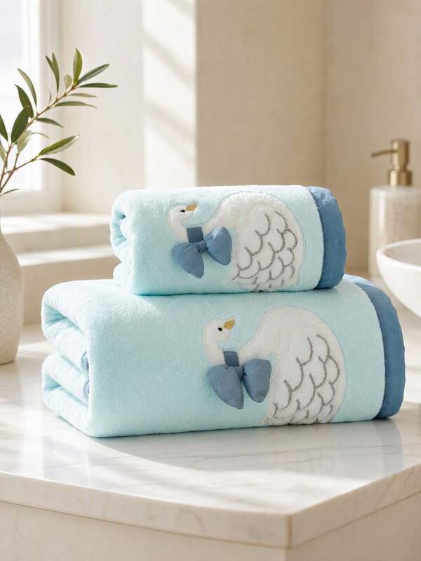 1/3pcs Approx. 16*32in/32*59in Large Coral Fleece Bath Towel, Embroidered Black Swan 3D Cute Bow With Contrast Wide Border, Quick-Drying Absorbent For Bathroom Shower, Student Back To School/Spa/Valentine's Day Gift