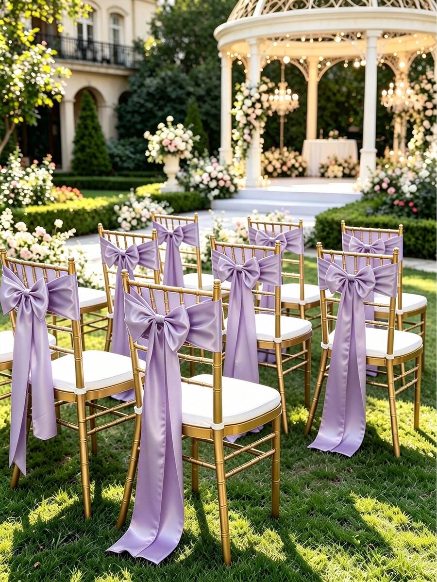 20pcs Wedding Satin Chair Sashes Light Purple Bows 6x102 Inches (Approx. 15x260 Cm) Ribbon Fabric Bands Suitable For Wedding Banquets, Parties, And Other Chair Decorations - Mauve Purple - View 1