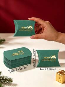 12PCS/Green Christmas Pillow Paper Boxes Gold Hot Stamping 4.53x2.76 Inch Xmas Candy Gift Box 6 Designs Holiday Party Favor Small Present Packaging Box - View 5