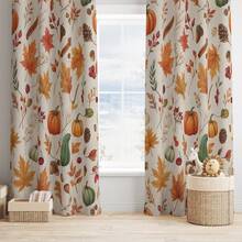 2 Pieces Autumn Pumpkin Maple Leaf Print Curtains, Harvest Farmhouse Style 100% Polyester Grommet Top Window Curtain Panels Light Filtering Privacy Drapes For Thanksgiving Fall Home Bedroom Living Room Decor - FY-1 - View 7