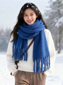 1pc Women's Solid Color Tassel Scarf, Soft Thick Warm Winter Shawl, Casual Oversized Collar Scarf, Suitable For Cold Weather Daily Wear - Royal Blue - View 6