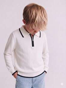 Boys' White Knit Sweater With Half-Zip Collar, Black Contrast Trim On Collar, Cuffs And Hem, Striped Design, Minimalist Preppy Style, Casual Versatile Pullover, Suitable For School Daily Wear In Spring, Autumn And Winter - White - View 1