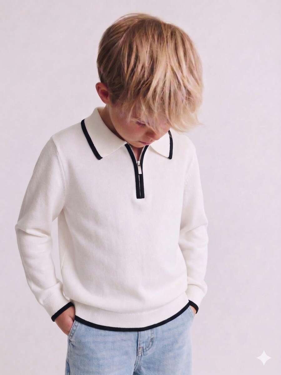 Boys' White Knit Sweater With Half-Zip Collar, Black Contrast Trim On Collar, Cuffs And Hem, Striped Design, Minimalist Preppy Style, Casual Versatile Pullover, Suitable For School Daily Wear In Spring, Autumn And Winter - White - View 1