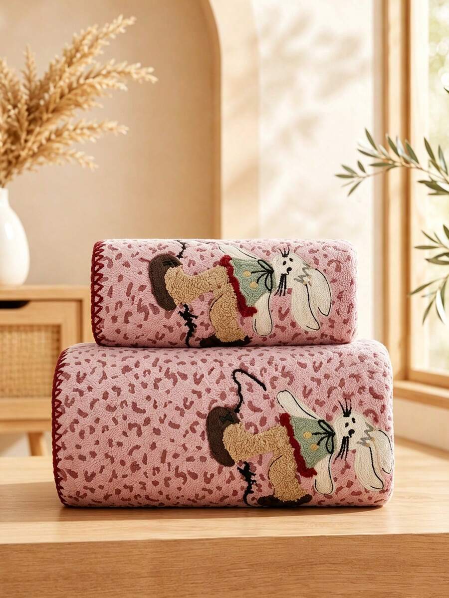 3/2/1件 約14*29in/28*55in 粉色豹紋毛巾，可愛刺繡兔子圖案珊瑚絨浴巾+面巾，超柔軟高吸水快乾厚實不掉毛，適用於浴室、居家、旅行、開學季 - 粉色 - 查看 1