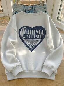 Vintage Distressed Heart & Letter Print Oatmeal Grey Crew Neck Sweatshirt, Oversized Fit, Versatile Long Sleeve Autumn/Winter Top - Off-white - View 2