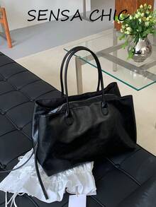 Solid Color Unadorned Oil Wax Crinkled Large Capacity Storage Zipper Closure Lazy High-End Shoulder Tote Bag Women's Daily Business Trip Commute Student Class Handbag Soft Leather Tote Bag - Black - View 1