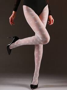 1 Pair Plus Size Women's Micro-Compression Elastic Fishnet Tights, Fashionable Multi-Color Heart Jacquard Versatile Slimming Pantyhose, Sexy Hollow Out Net Stockings For Halloween, Christmas, All Seasons - Multicolor - View 5