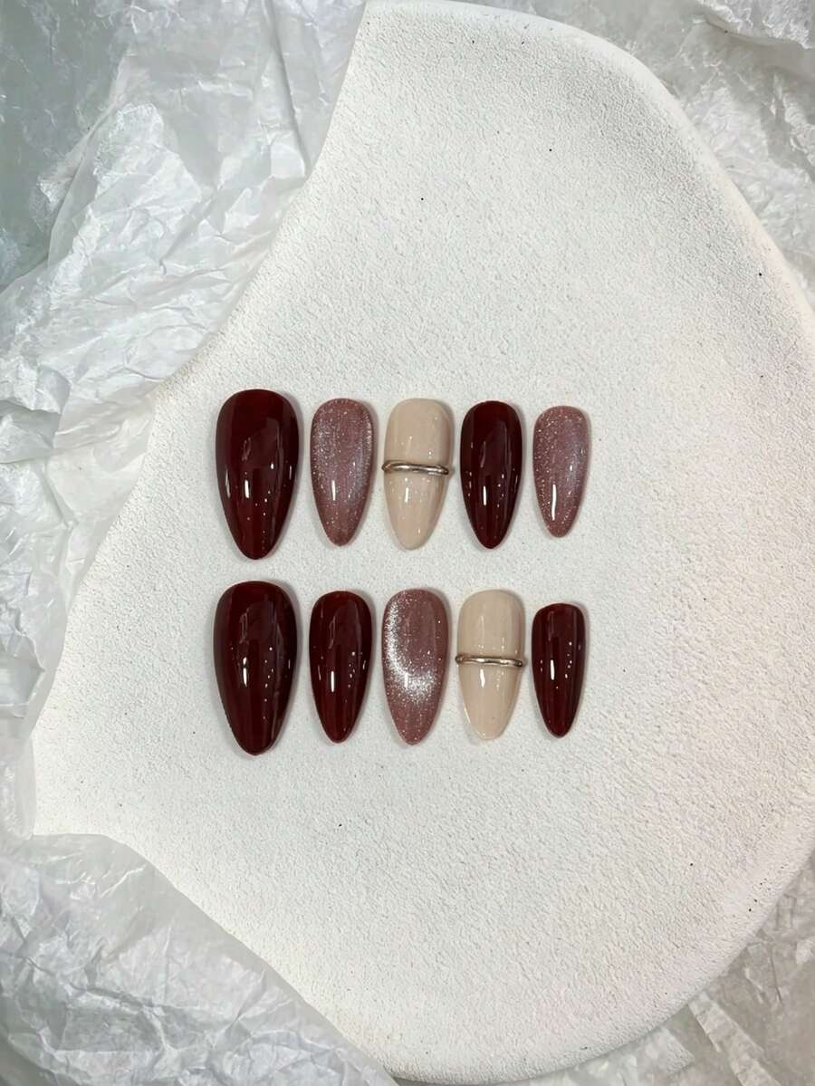 10pcs Pure Handmade Almond Press On Nails, Y2k Vintage Elegant Style, Wine Red Solid Color, Cat‑Eye Glitter & Metal Line Patterns For Women And Girls, Spring Summer Fall Winter Festivals Party And Daily Life Use - Burgundy - View 1