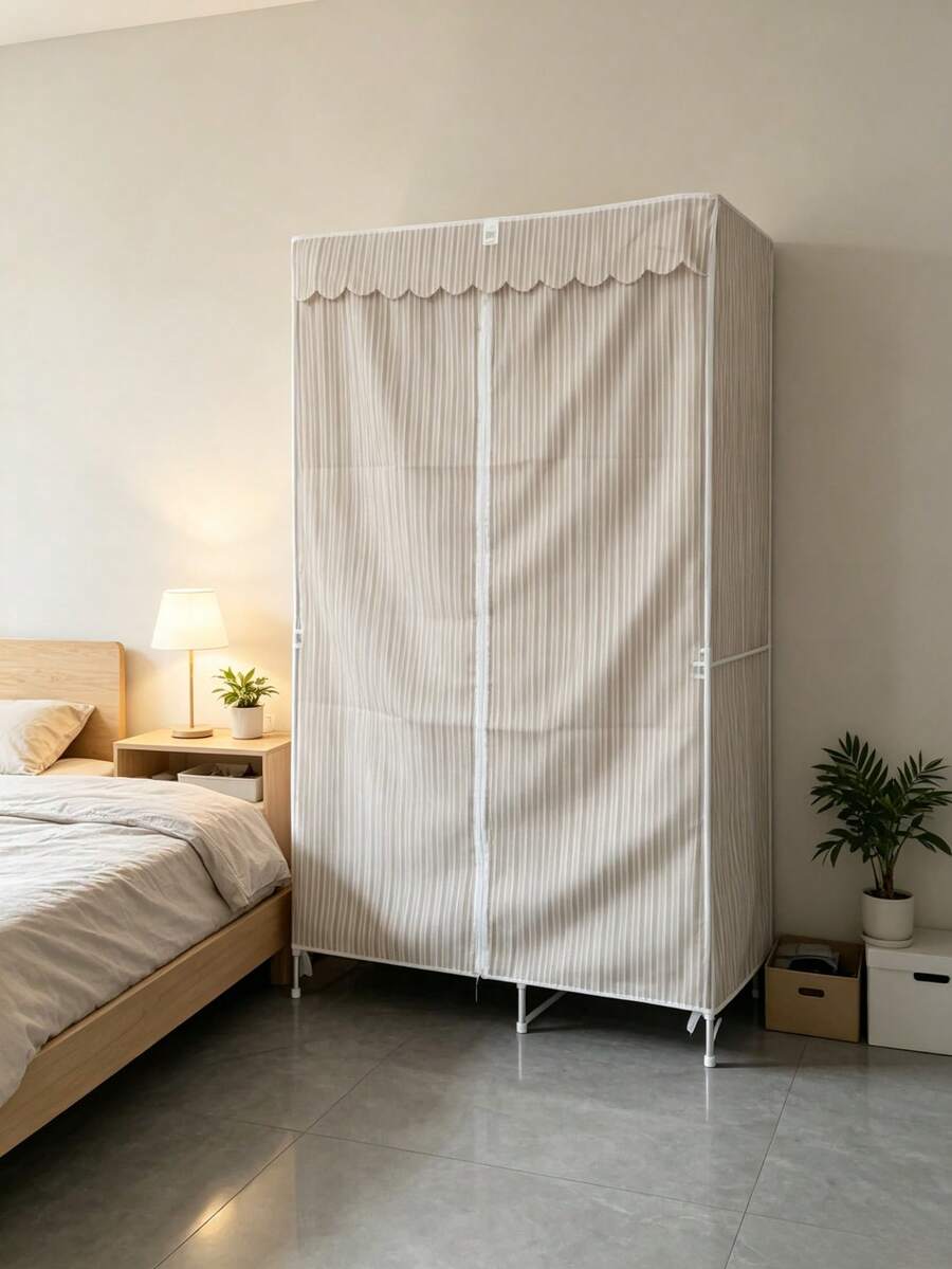 1‑Piece Metal‑Frame Portable Wardrobe With Large‑Capacity Storage For Various Clothes. The Striped Dust‑Proof Fabric Cover Features A Zipper, Boasting A Stable Structure. Suitable For Bedrooms, Apartments And Dormitories. - Multicolor - View 1