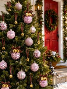 1/6/12/24pcs Pink Christmas Ball Ornament Set With Gold Bells And Plaid Ribbons, Mixed Color Christmas Tree Hanging Balls, DIY Holiday Decoration, Gift Packaging, Home Fireplace And Holiday Party Decor - Multicolor - View 6