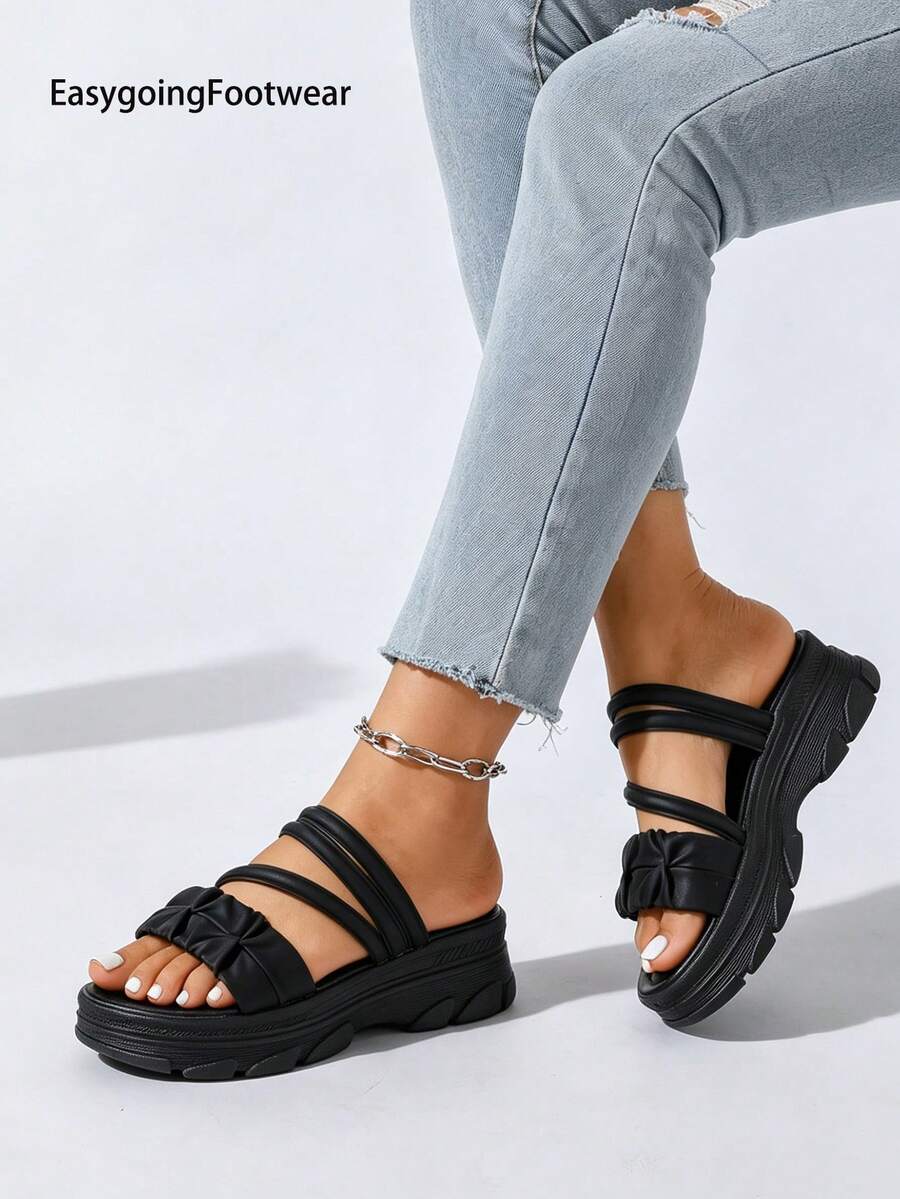 Women's Ruched Open Toe Soft Sole Sandals, Thick Sole Non-Slip, Versatile 2-Way Wear Half-Slide Sandals For Shopping