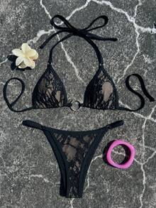 Women's Luxury Lace Criss-Cross Halter Neck With Decorative Buckle Sexy Bikini Set - Multicolor - View 2