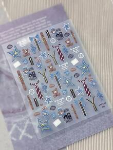 1pc 5D Full Nail Sticker Embossed Vintage Collegiate Style Bear Denim Star Bow Tie Zipper Badge Pattern Waterproof Self-Adhesive Nail Art Sticker Suitable For Back To School Season Daily Party DIY Manicure - Multicolor - View 9
