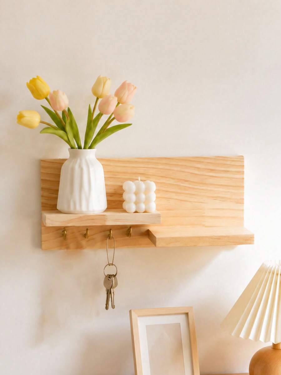 Gancho para llaves de decoración rústica del hogar con estante de almacenamiento, estante de almacenamiento multifuncional montado en la pared, adecuado para la entrada, sala de estar y decoración de la cocina, estante de almacenamiento de pared - Ver 1
