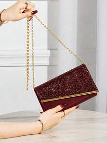 REMANLAND Clutch Malam Berkilau, Tas Amplop Modis Elegan, Clutch Pesta Pernikahan Wanita - Burgundy - View 4
