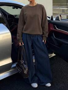 女款棕色寬鬆圓領長袖運動衫，適合日常穿著，羅紋針織套頭衫，打造街頭時尚造型，秋季召喚 - 棕色 - 查看 5