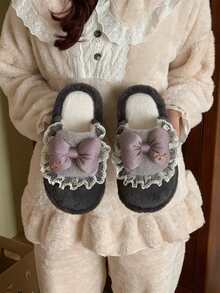 XIXITIAO Cute Lace Ruffle Bow Slippers, Closed‑Toe Fuzzy Warm House Shoes, Soft Sole Cozy Indoor Slippers - Grey - View 2