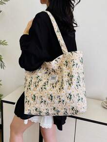 Fresh Colorful Floral Contrast Fabric Label Large Capacity Shoulder Tote Bag - Beige - View 5
