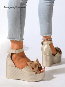 Women's Bow Open Toe Wedge Platform Sandals, Peep Toe Back Strap Ankle Buckle, Suitable For Outdoor, Party, Gathering - Gold - View 6