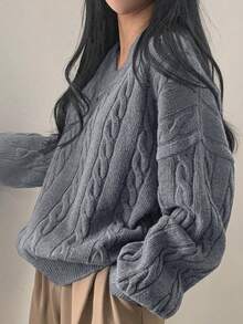 EAVA 女款極簡 V 領寬鬆休閒針織上衣，低調老錢風，情人節 - 灰色 - 查看 5