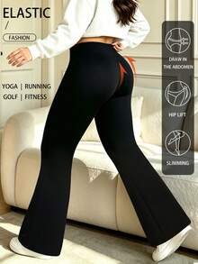 Autumn/Winter New Women's Plus Size Solid Color High Waist Elastic Flare Leggings Slimming Minimalist Versatile Yoga Casual Long Pants Sports Black - Black - View 6
