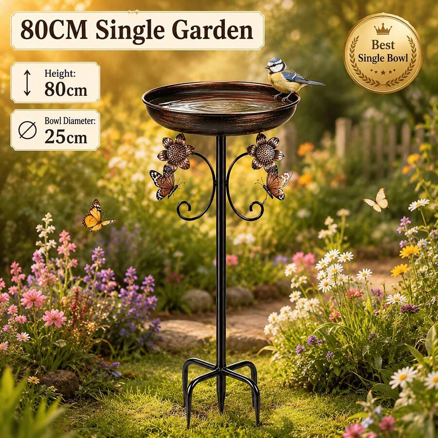 Allvendra Double-Tier Bird Bath And Bird Feeder Garden Stake, Outdoor Metal Bird Water Bowl And Seed Tray With Decorative Flower Butterfly Design For Yard, Patio, Lawn And Garden Decor - Outdoor Metal Bird Bath and Seed Tray Set - View 1