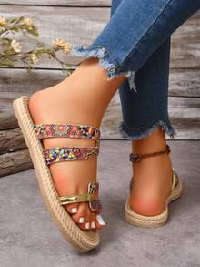 Women's Elegant Patchwork Slip-On Wide Fit Flat Sandals With Gold Stripe Accents, Comfortable For Outdoor And Vacation Wear - Red - View 6