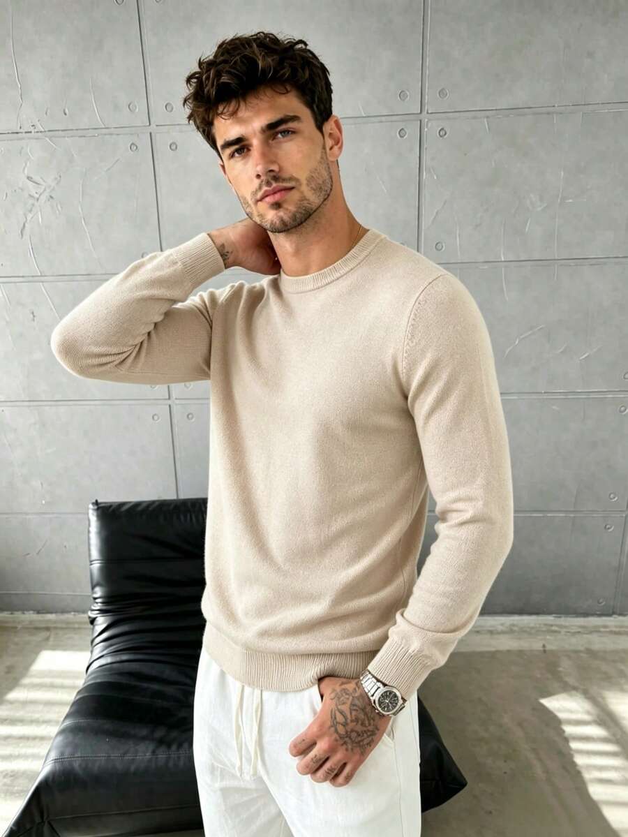 Men's All-Match Solid Color Crew Neck Loose Drop Shoulder Minimalist Long Sleeve Knit Pullover, Spring/Autumn Versatile Layering Top - Apricot - View 1