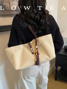 low tea 1pc Minimalist Square Canvas Shoulder Bag Suitable For Commuting, Shopping, Etc. (With Pendant) - White - View 11