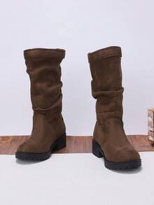 1 Pair Girls' Ruched Fabric High-Top Boots, Round Toe, Side Buckle, Chunky Low Heel, Vintage Slouch Boots, Suitable For Campus, Daily Wear, Outdoor Outings - Brown - View 4