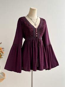 Rusttydustty Women's Bohemian Style Lace Patchwork Bell Sleeve Waist Tie Top In Plum, Suitable For Autumn, Halloween - Purple - View 9
