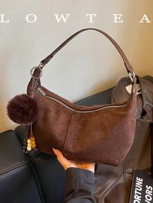 low tea 1pc Minimalist Crescent-Shaped Suede Fabric Shoulder Bag, Suitable For Commuting, Shopping, Etc. (With Pendant) - Coffee - View 7