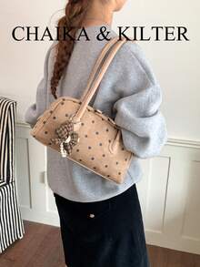 CHAIKA & KILTER 1件女款拼色麂皮布料單肩包，復古時尚啞光保齡球包，滿版波點圖案，拼色絎縫縫線，雙手柄設計，拉鍊開合，適合日常與街頭穿搭（附吊飾） - 卡其色 - 查看 7