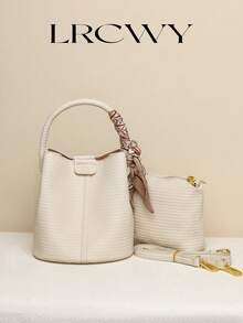 Women's Handbag Bucket Bag Fashion Versatile Elegant Solid Color Striped White Bag With Scarf Matching Suitable For Shopping Commuting Free Small Bag Inside - Beige - View 2