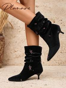 planare New Women's Elegant Black Velvet Embroidered Floral Ankle Boots, Slip-On Pointed Toe Kitten Heel Vintage Ruched Boots For Autumn/Winter Party - Black - View 3