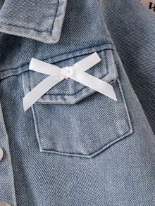 Baby Girl Light Blue Denim Jacket With Double Pockets, White Bow Decor, Frayed Hem, Patchwork Hollow Lace Trim, Sweet Denim Jacket - Light Wash - View 6