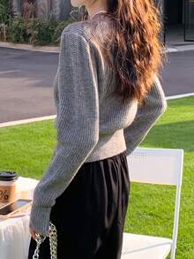 Women's Fashion Gray 2-In-1 Knit Cardigan, V-Neck Long Sleeve Cropped Top With Button Detail, Autumn/Winter Essential - Light Grey - View 2