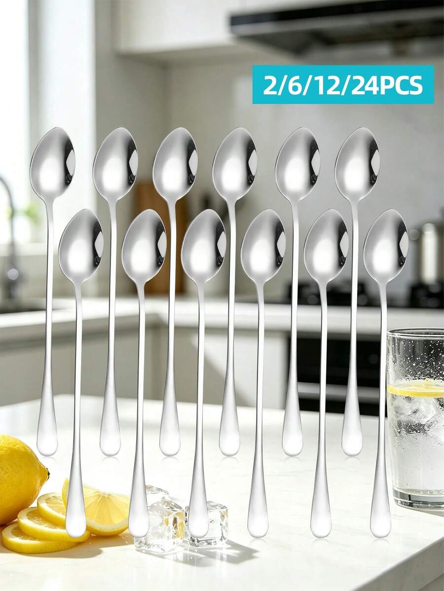 Long Handle Stainless Steel Spoons, 2/6/12/24pcs Multi-Purpose Stirring Spoons, Gold/Silver/Rainbow Color Reusable Table Spoons, Suitable For Coffee, Tea, Desserts, Beverages - View 1