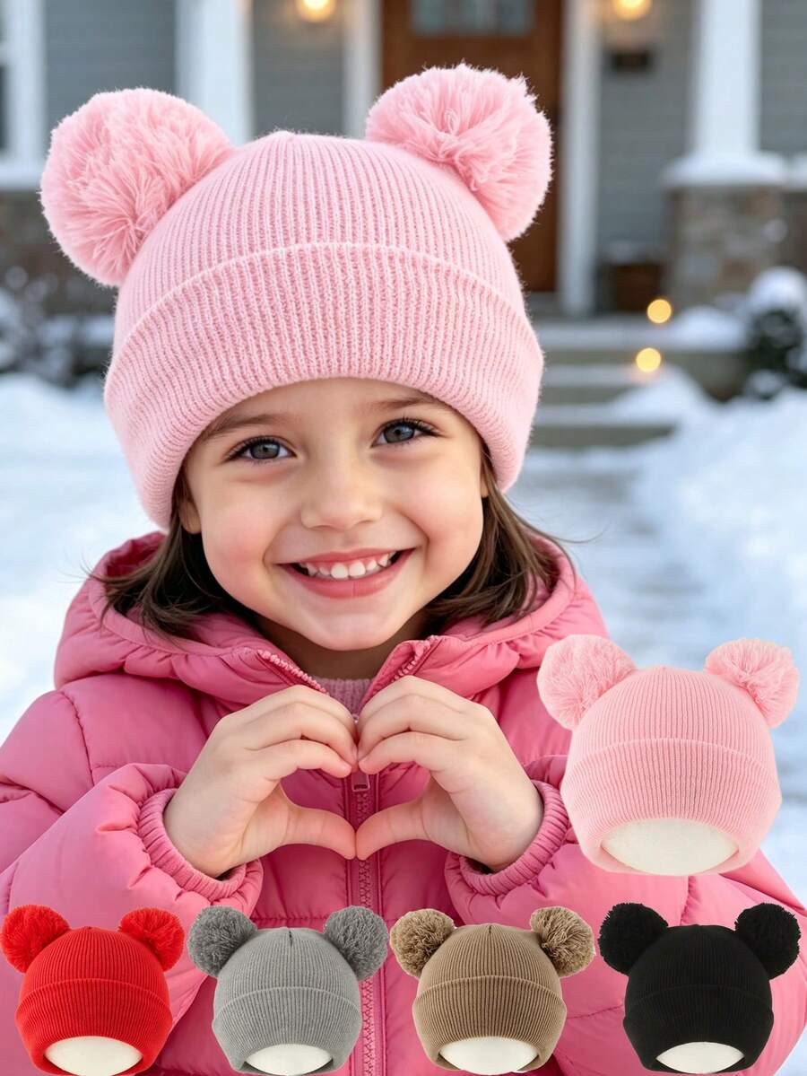 1 buah Topi Rajut Pom Pom Berbulu Lucu untuk Anak Perempuan Usia 3-8 Tahun, Topi Beanie Warna Polos, Topi Rajut Lembut dan Hangat untuk Anak Perempuan, Aksesori Kepala Luar Ruangan Musim Dingin - MultiWarna - View 1