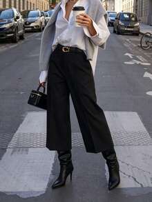 DONICY Women's Black High-Waisted Single-Button Pleated Wide-Leg Cropped Suit Pants, Draped Loose Commuter Office Trousers, All-Season Daily Wear - Black - View 6