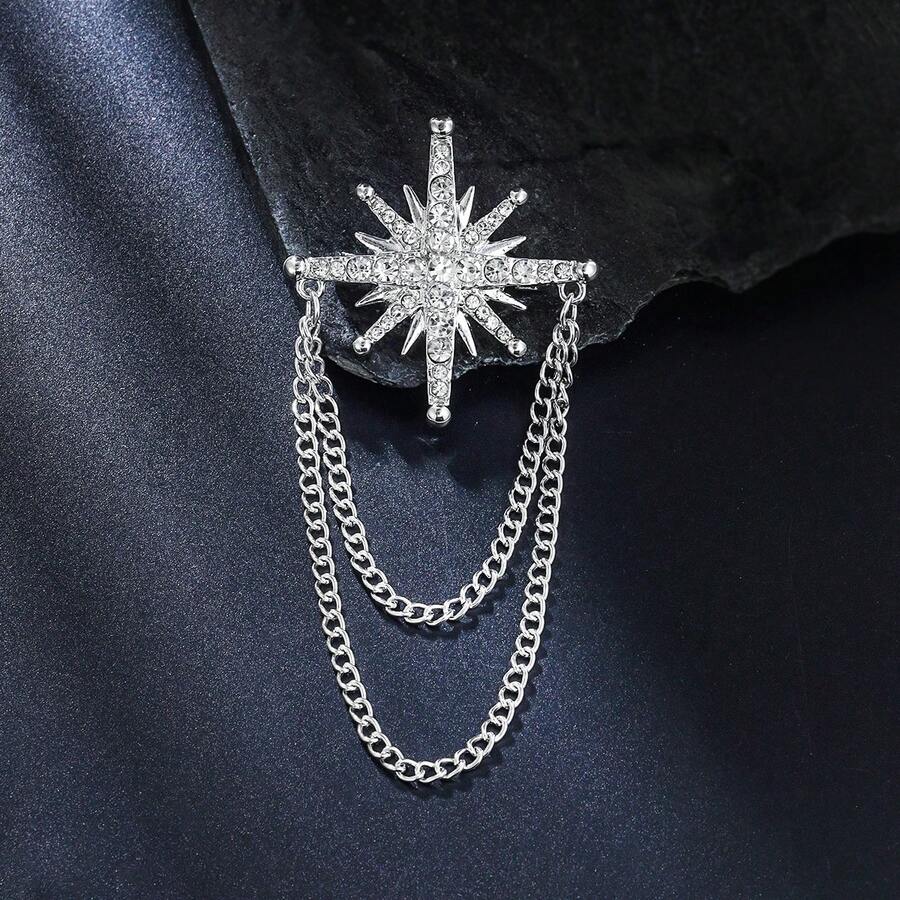 1pc Elegant Alloy Rhinestone Star Chain Cross Brooch, Suitable For Men And Women Daily And Party Wear - Cross - View 1