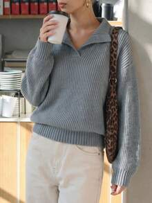Women Fall Winter Grey Sweater Polo Collar Loose Fit Casual Back To School, Street, Shopping, Daily Wear - Grey - View 2