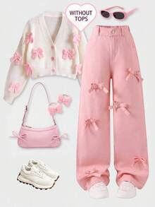 Girls Big Tween Girl Sweet Cool 3D Bow Pink Loose Wide Leg Denim Jeans Casual Long Pants - Pink - View 1