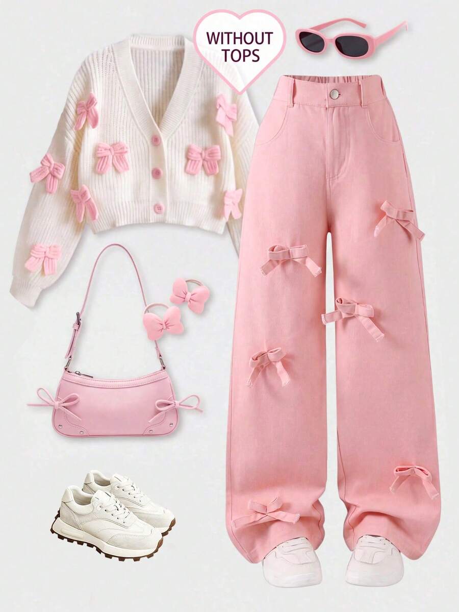 Girls Big Tween Girl Sweet Cool 3D Bow Pink Loose Wide Leg Denim Jeans Casual Long Pants - Pink - View 1