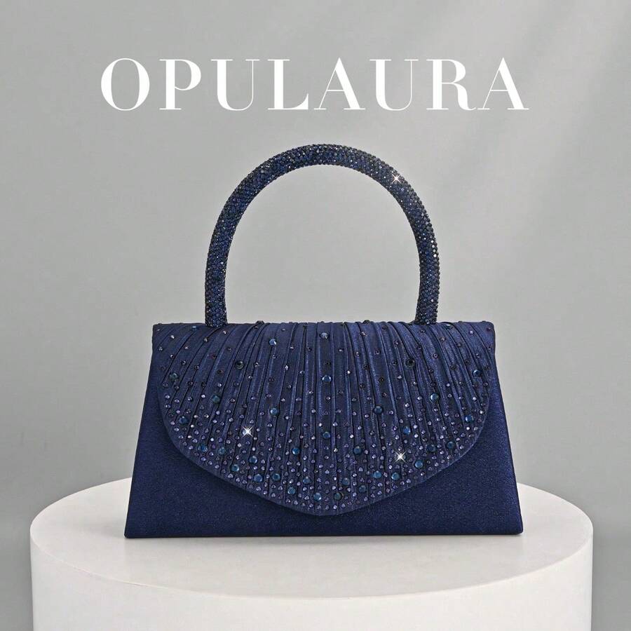 OpulAura奢华褶皱设计水晶链条手提包,饰以闪耀钻石,磁扣闭合,优雅时尚,是女士生日派对和迷人夜晚的理想之选。 - 藏蓝色 - 查看 1