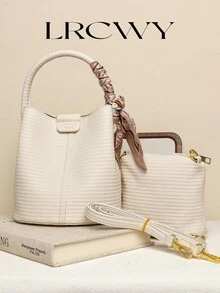 Women's Handbag Bucket Bag Fashion Versatile Elegant Solid Color Striped White Bag With Scarf Matching Suitable For Shopping Commuting Free Small Bag Inside - Beige - View 4