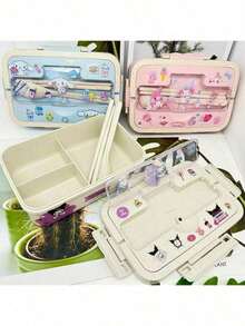 SANRIO 1pc Hello Kitty Authentic Melody & Cinnamoroll Large Capacity Cartoon Bento Box Set, Includes DIY Stickers, Cute Kuromi Microwave- Lunch Box, Adorable Meal Prep Container - Multicolor - View 7