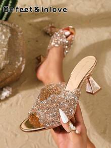 On feet& in love Women's Summer Fashion Elegant Rhinestone Open Toe High Heel Sandals, Versatile Commute High Heel Slippers Suitable For Matching With Dresses - Champagne - View 1