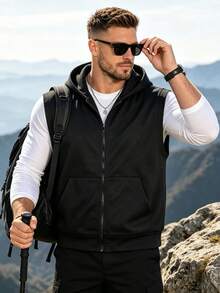 Men's Casual Vest, Solid Color Zipper Hooded Jacket, Lightweight Versatile Minimalist Vest, Spring/Summer Black - Black - View 6
